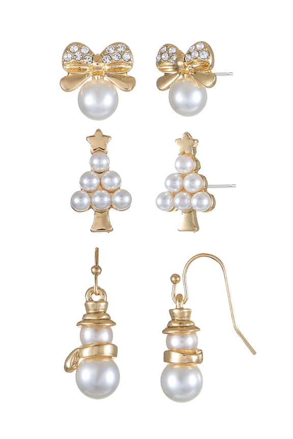 Women's Goldtone Christmas Motif Earrings, Simulated Pearl, 3 Pairs
