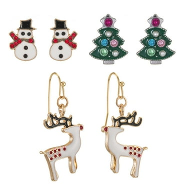 Holiday Time Women's Goldtone Reindeer Motif Earring Set, 3 Pairs