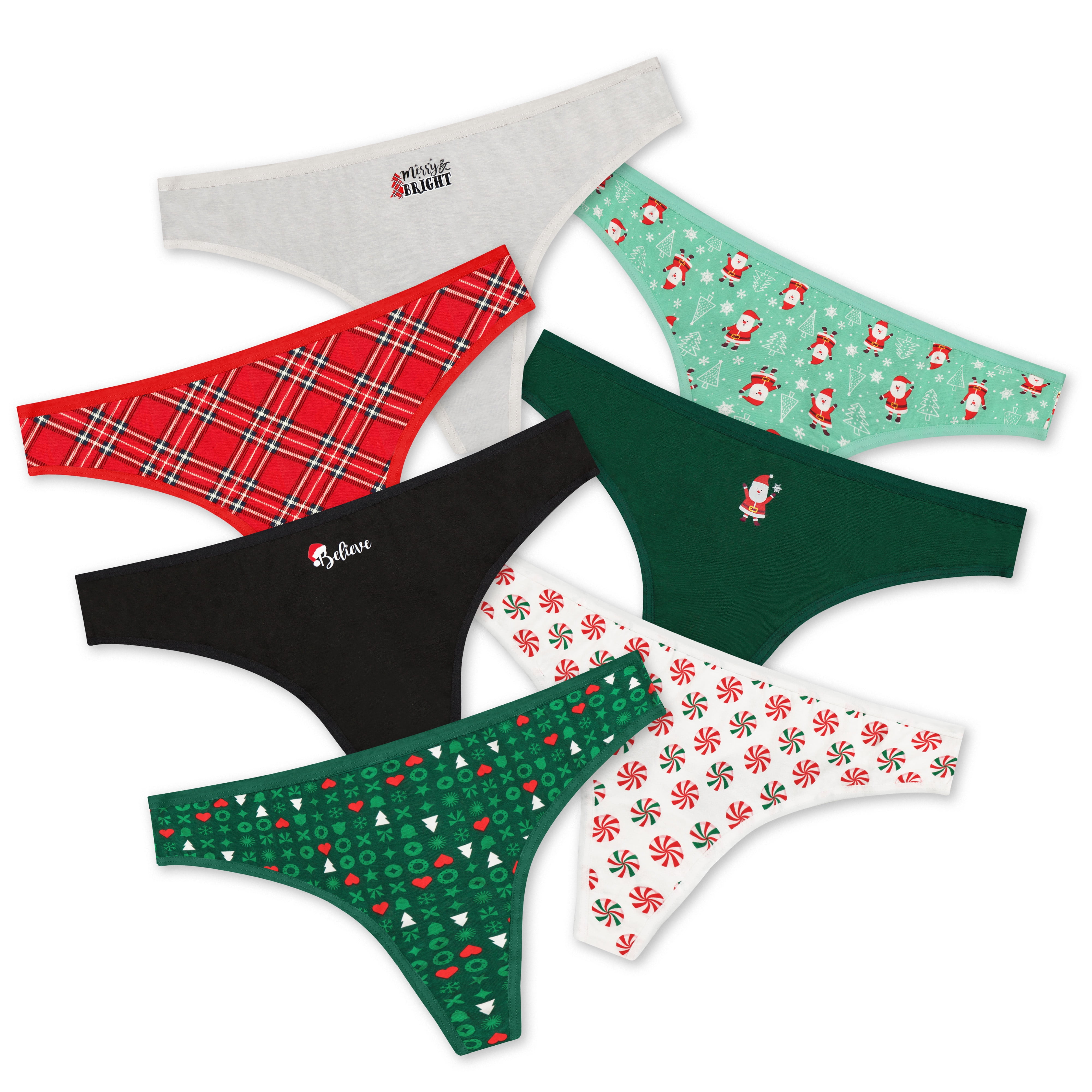 Holiday Time Women's Christmas Jersey Thong, Underwear 7 Pack, S-XXL