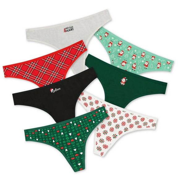 Holiday Time Women's Christmas Jersey Thong, Underwear 7 Pack, S-XXL