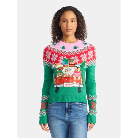 Holiday Time Women's Embellished Pullover Christmas Sweater, Midweight, Sizes XXS-XXXL