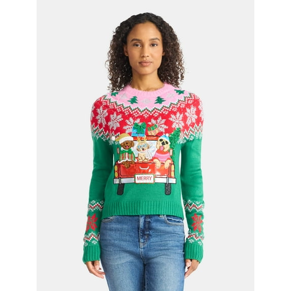 Holiday Time Women's Embellished Pullover Christmas Sweater, Midweight, Sizes XXS-XXXL