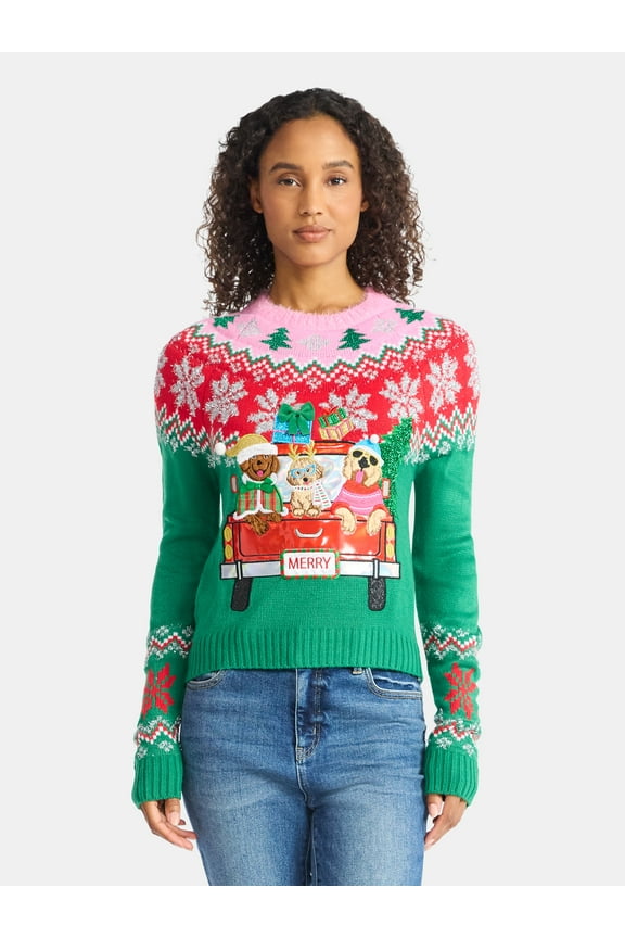 Women's Embellished Pullover Christmas Sweater, Midweight, Sizes XXS-XXXL