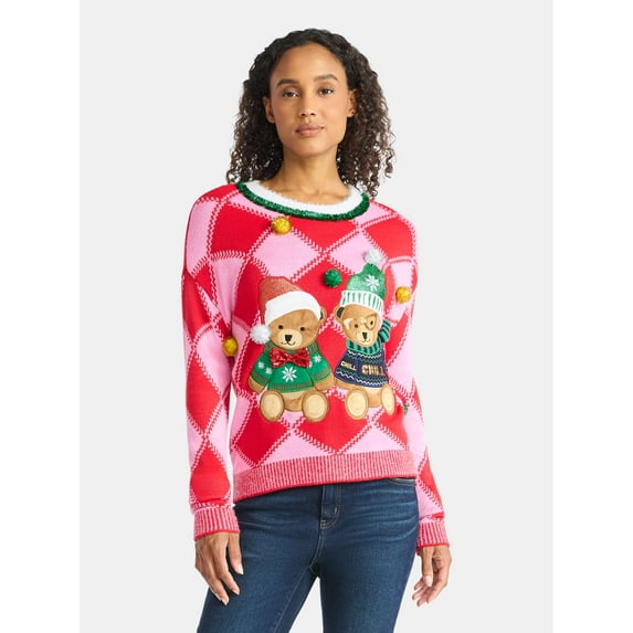 Holiday Time Women's Embellished Pullover Christmas Sweater, Midweight, Sizes XXS-XXXL