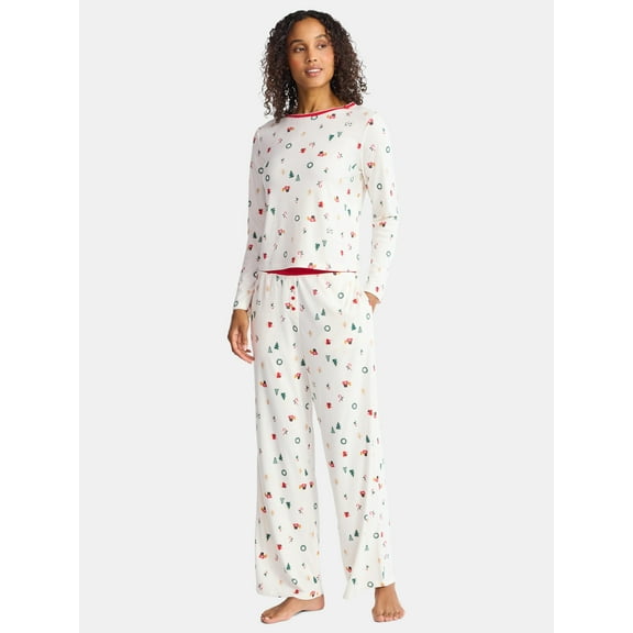 Christmas Women's and Women's Plus Long Sleeve Top and Wide Leg Pants Pajama Set from Holiday Time, 2-Piece, Sizes XS-3X