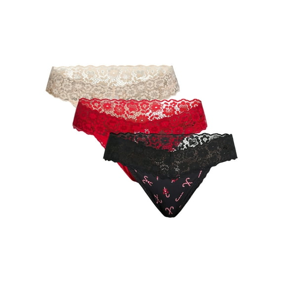 Holiday Time Women's Micro and Lace Thong Panties, 3-Pack, Sizes S-2XL