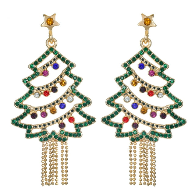 Holiday Time Women's Multicolored Christmas Tree Earrings, Goldtone, 1 Pair