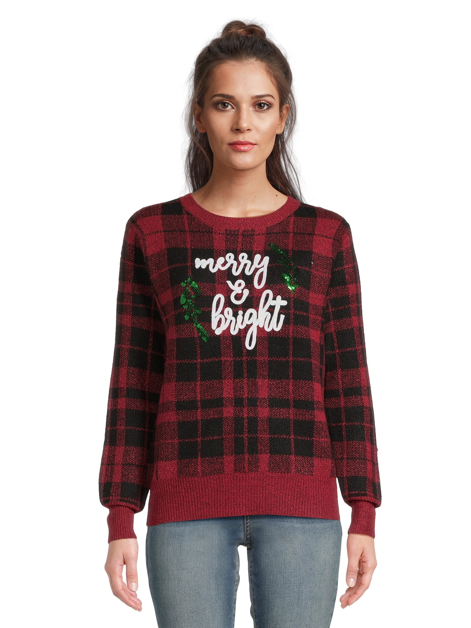 Holiday Time Women s Plaid Christmas Sweater Walmart