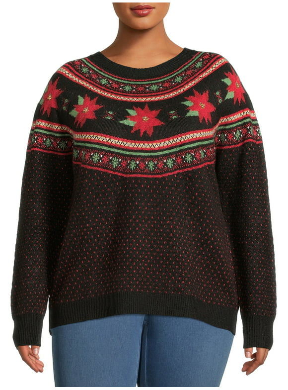 Holiday Time Women's Plus Poinsettia Sweater