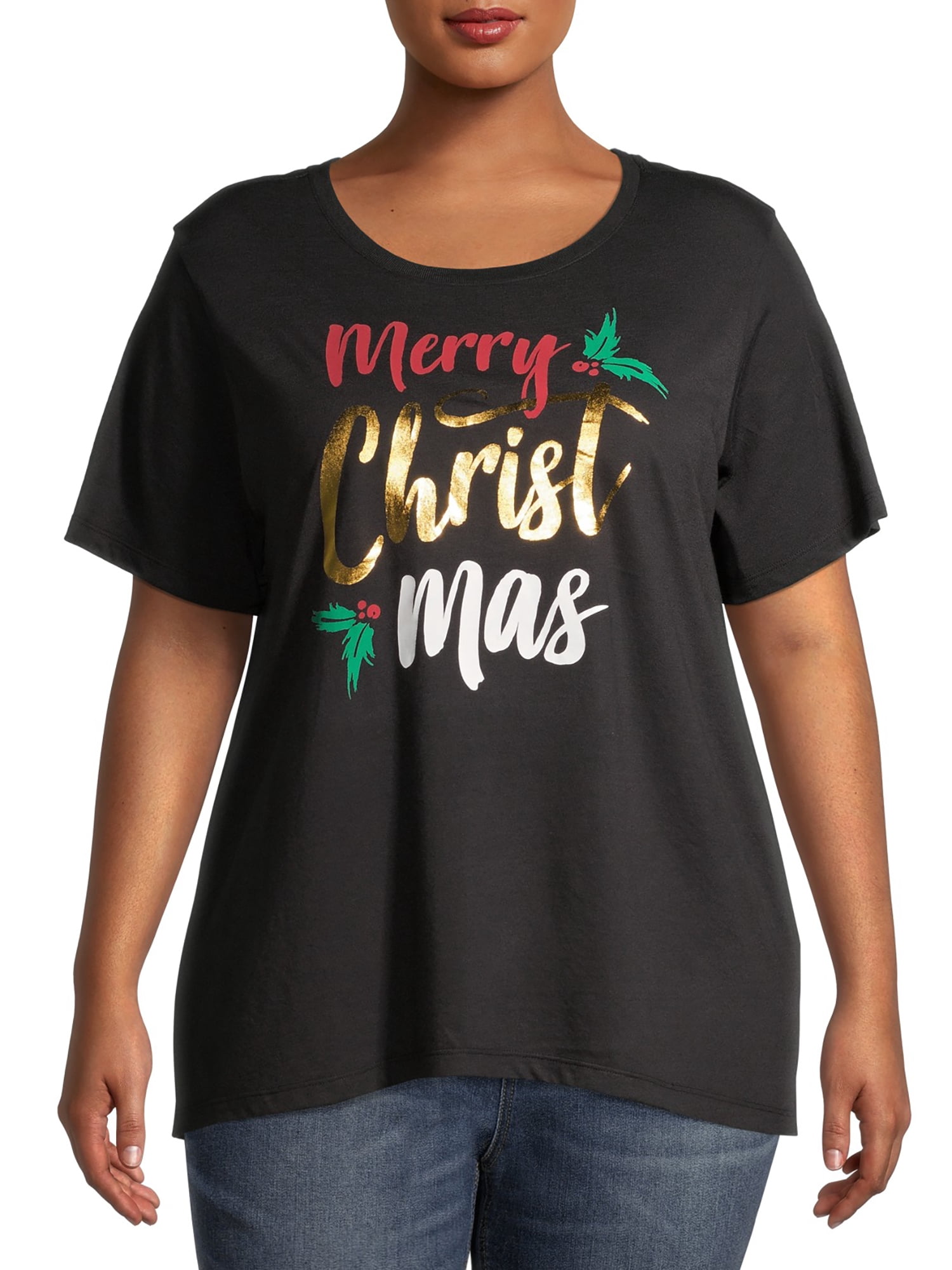 Holiday Time Women's Plus Size Festive Short Sleeve Crewneck T-Shirt