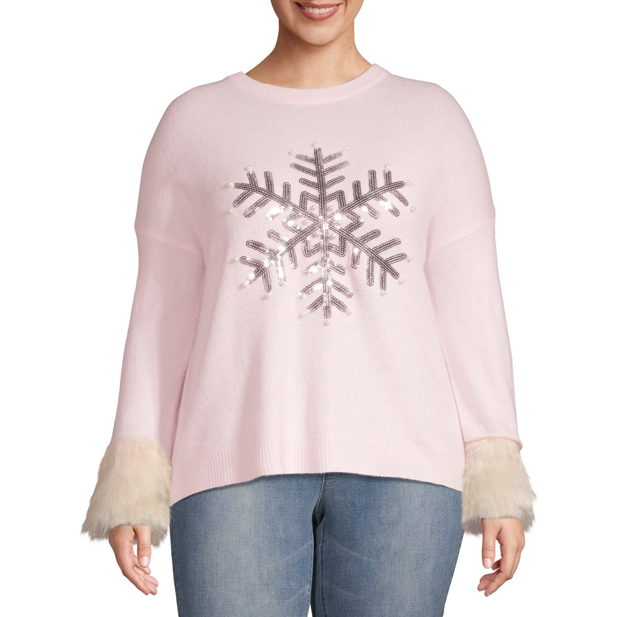 Holiday Time Women's Plus Size Holiday Sweater with Faux Fur Cuffs -  Walmart.com