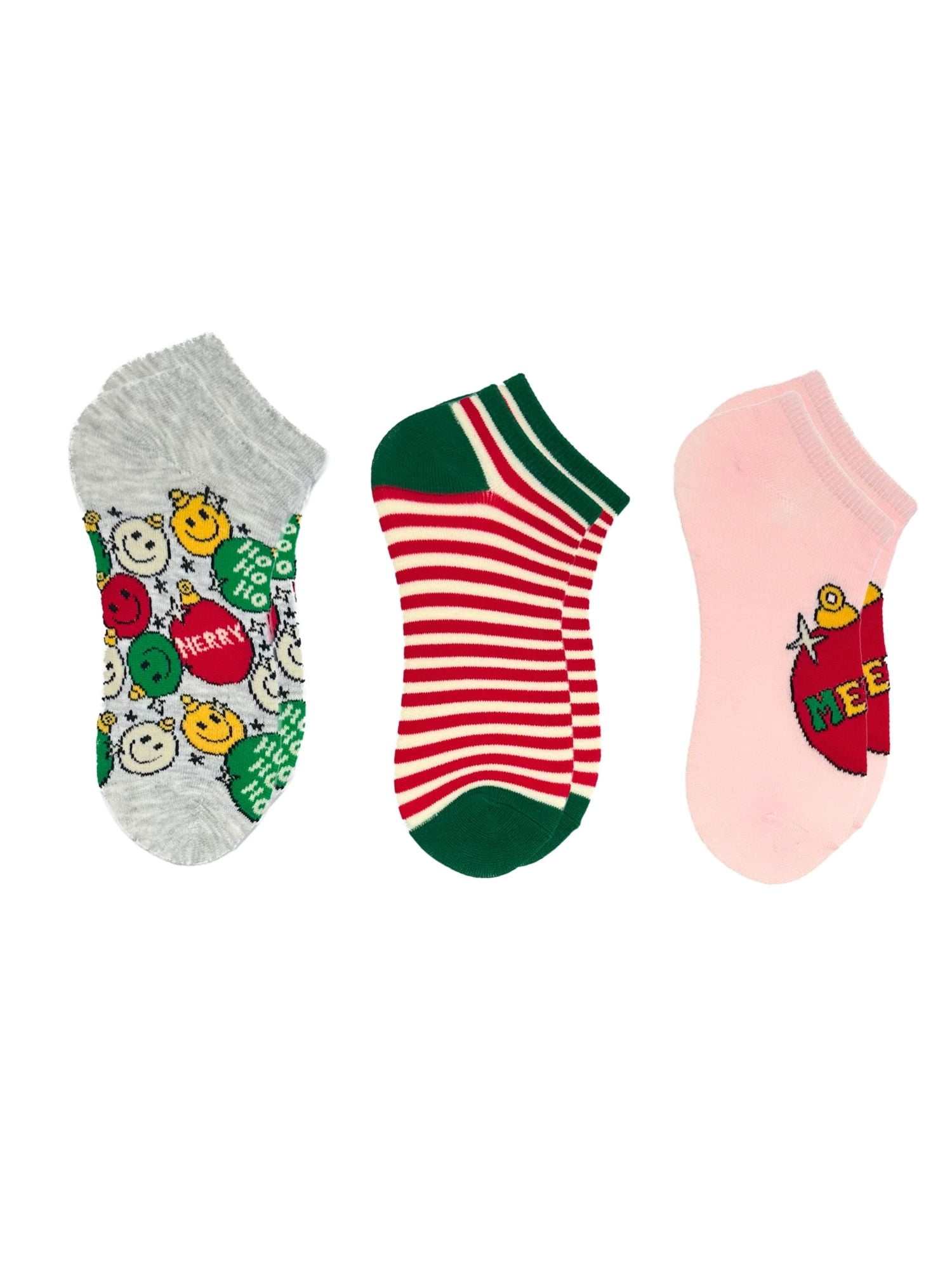 Holiday Time Women's Smiley Face Ornament No-Show Socks, 3-Pack, Size 4-10