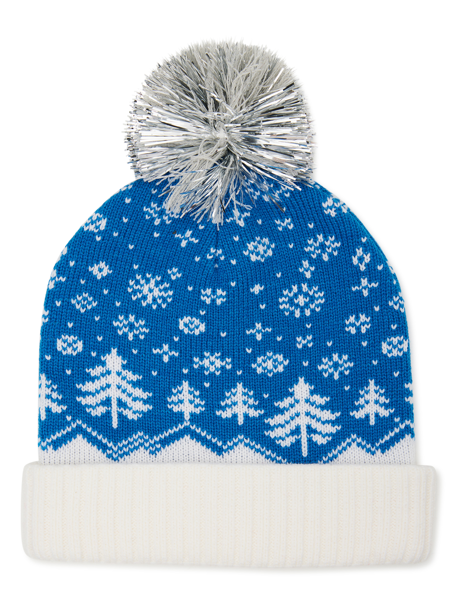 Snowflake Roll Up Beanie With Pom Pom | Winter Knit Hat For Men & Women, One Size Fits Most (Navy)