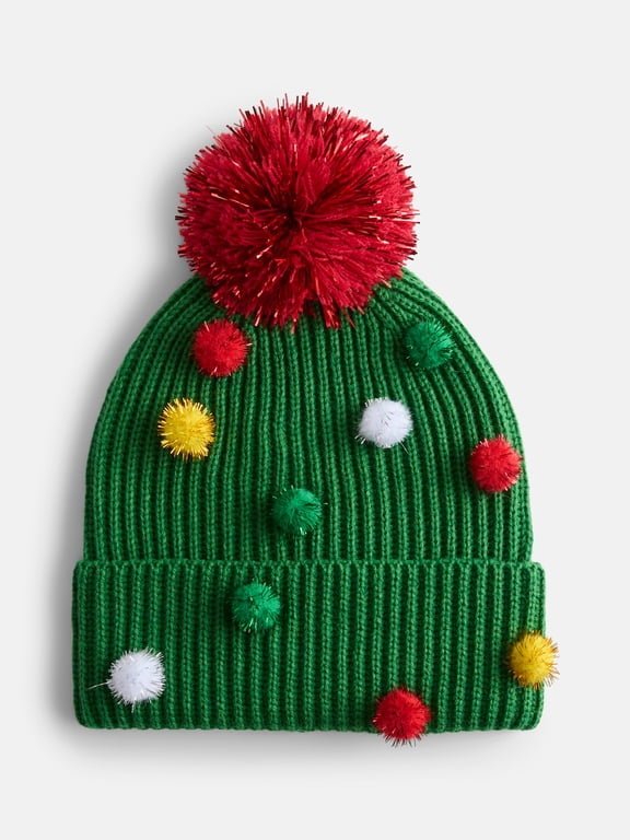 Women's Tinsel Pom Pom Beanie Hat, Green