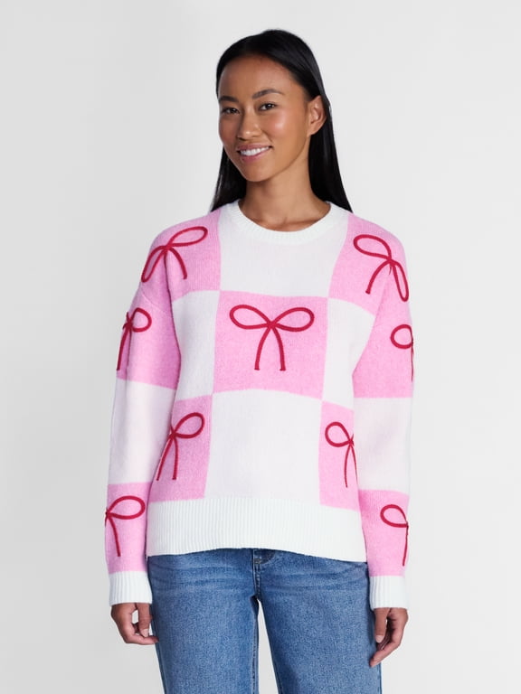 Women's & Women's Plus Bow Print Checkered Sweater, Midweight, Sizes XXS-4X