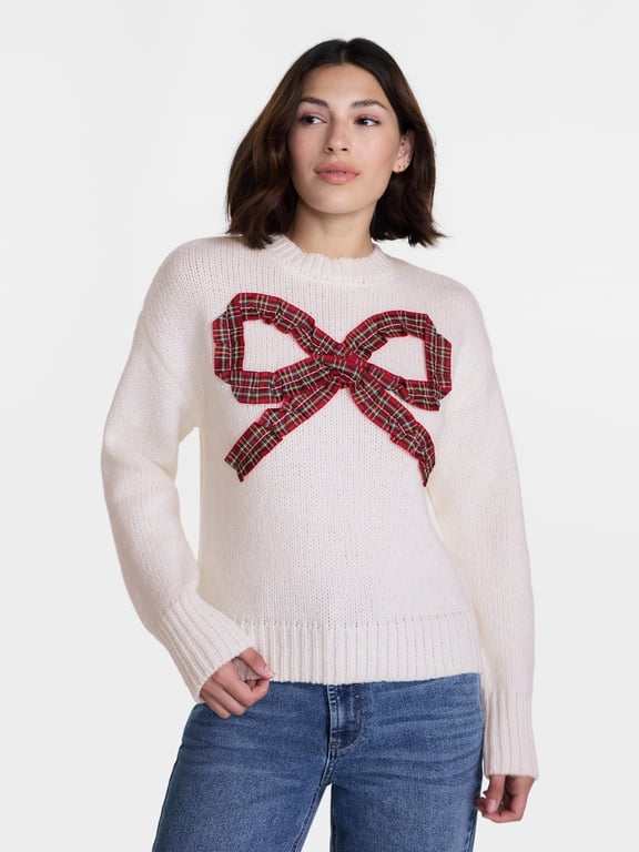 Women’s and Women's Plus Christmas Bow Sweater, Midweight, Sizes XXS-4X