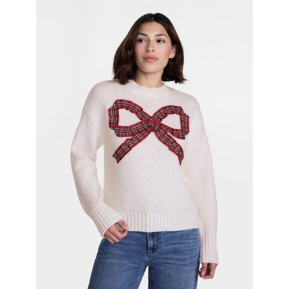 Holiday Time Women's & Women's Plus Christmas Bow Sweater, Mid-weight, Winter White, Sizes XXS-4X