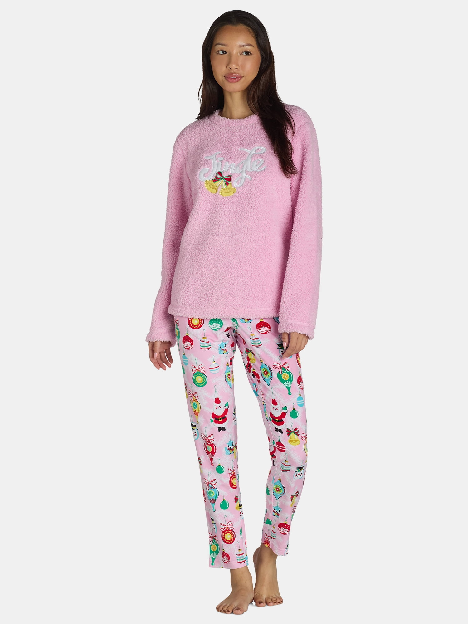 Holiday Time Women's Ornaments Holiday Plush Pajama Set, 2-Piece, Sizes S to 3X