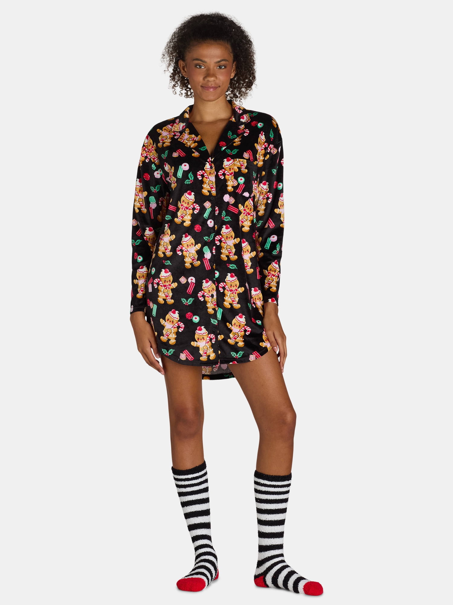 Holiday Time Women’s and Women’s Plus Super Minky Notch Collar Sleepshirt and Cozy Socks Set, 2-Piece, Sizes XS-3X