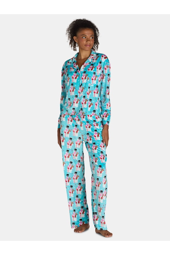 Women’s and Women’s Plus Velour Notch Collar Pajama Top and Pants Set, 2-Piece, Sizes XS-3X