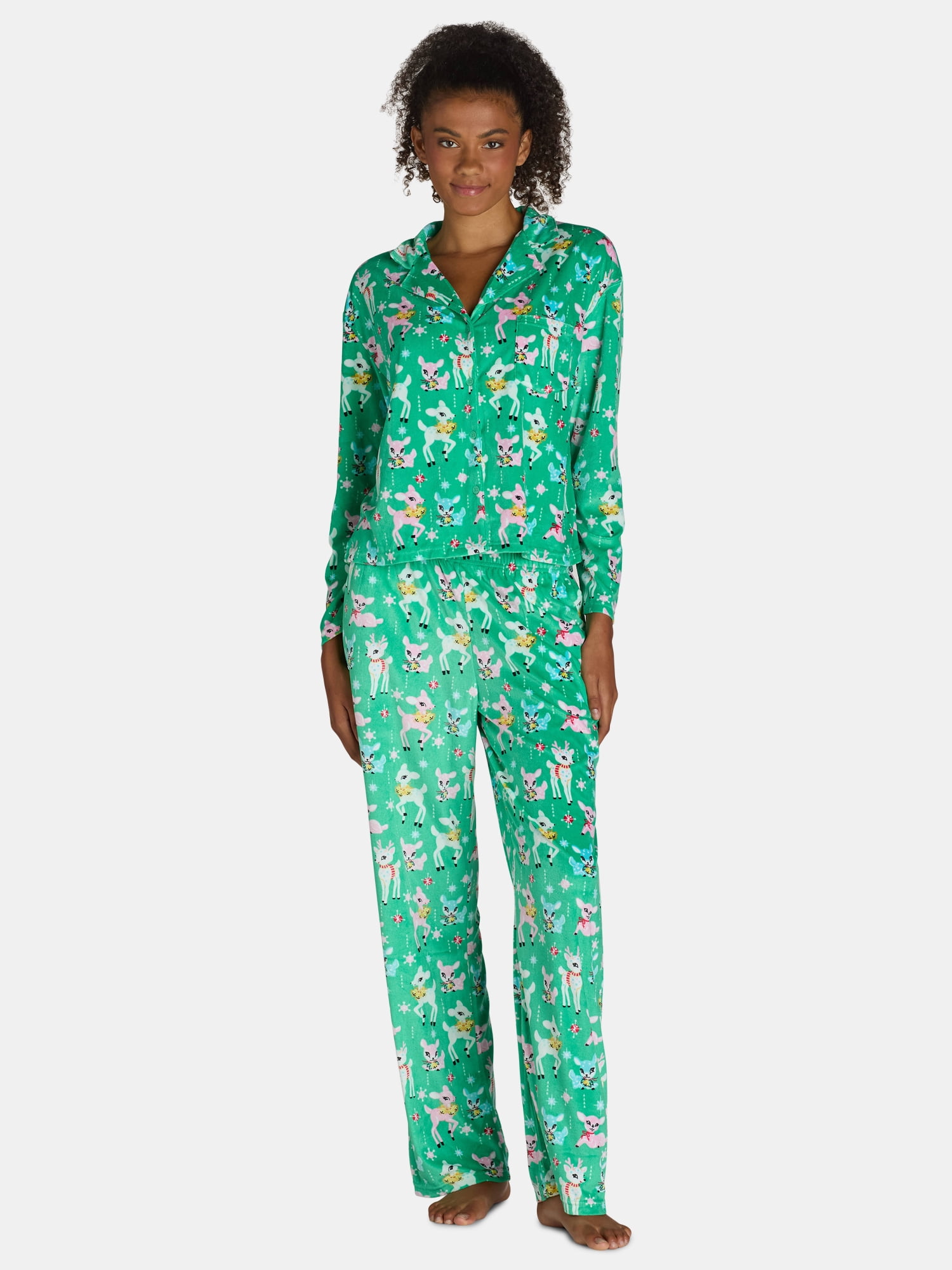 Holiday Time Women's Cozy Velour Notch Collar Pajama Set, 2-Piece ...