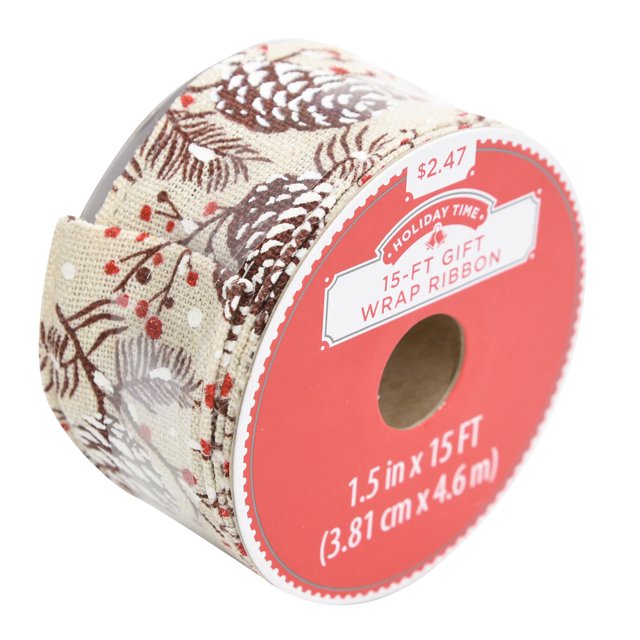 Holiday Time GiftWrap Ribbon, Burlap with Pinecones, 1.5" x 15