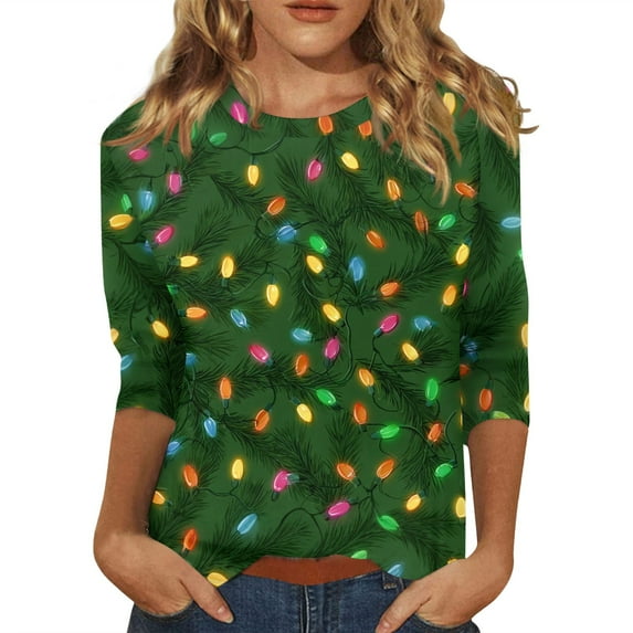 Holiday Tops for Women 2025, Polyester Christmas Sweaters 2025 Party Outfits 3/4 Sleeve Winter Blouses Xmas Office Attire Cozy Layering Trending Apparel Family Matching Work Green 3Xl