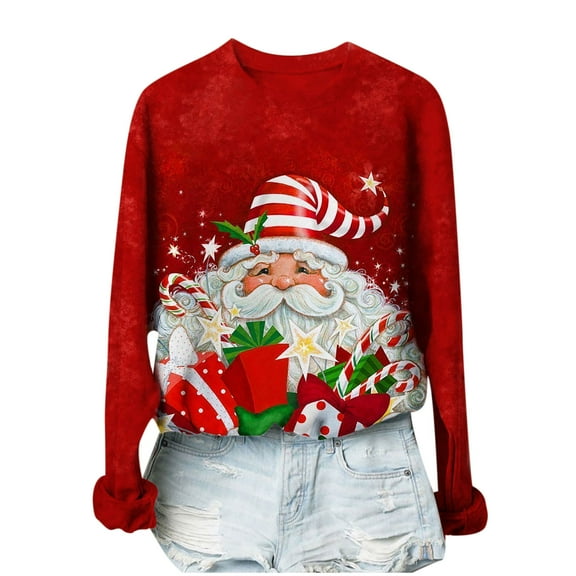 Holiday Tops for Women Holiday Sweater Graphic Crewneck Sweatshirt Long Sleeve Loose Casual Pullover Blouse