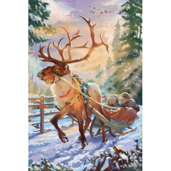 Holiday Tradition, Reindeer Sleigh Ride Through Mountain Snow (16x24 Giclee Gallery Art Print, Vivid Textured Wall Decor)