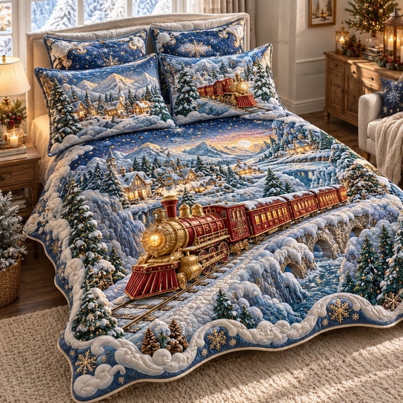 Holiday Train 3-Piece Quilted Bedding Set