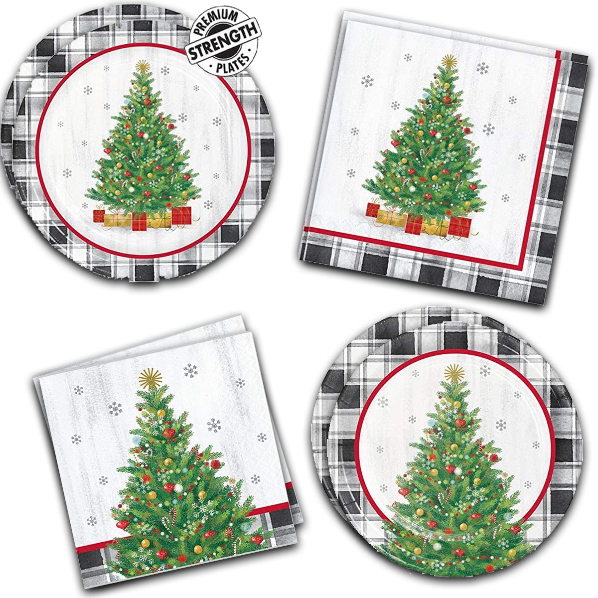 Holiday Tree Christmas Paper Plates and Napkins with Buffalo Plaid Trim Christmas Holiday Dinner