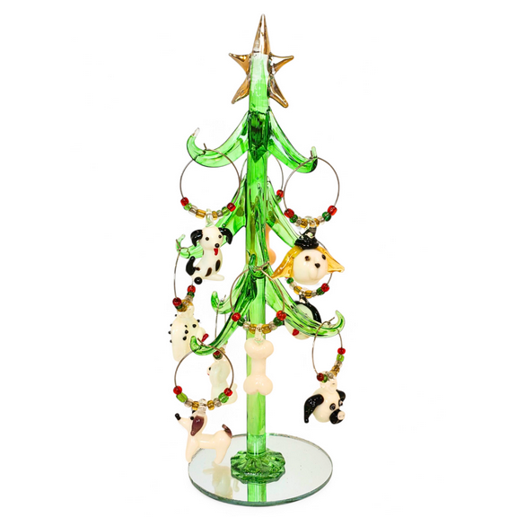 Gift Essentials Charming 8" Glass Wine Charm Tree with 9 Dog Charms and Mirrored Base - Playful Bar Decor & Gift Set