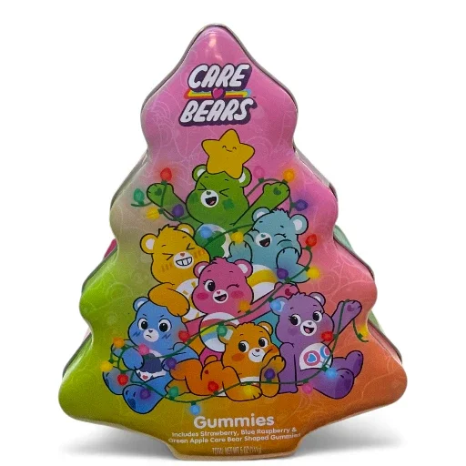 Care Bears Holiday Tree-Shaped Gummy Candy Tin Assorted Fruit Flavors, 5 oz
