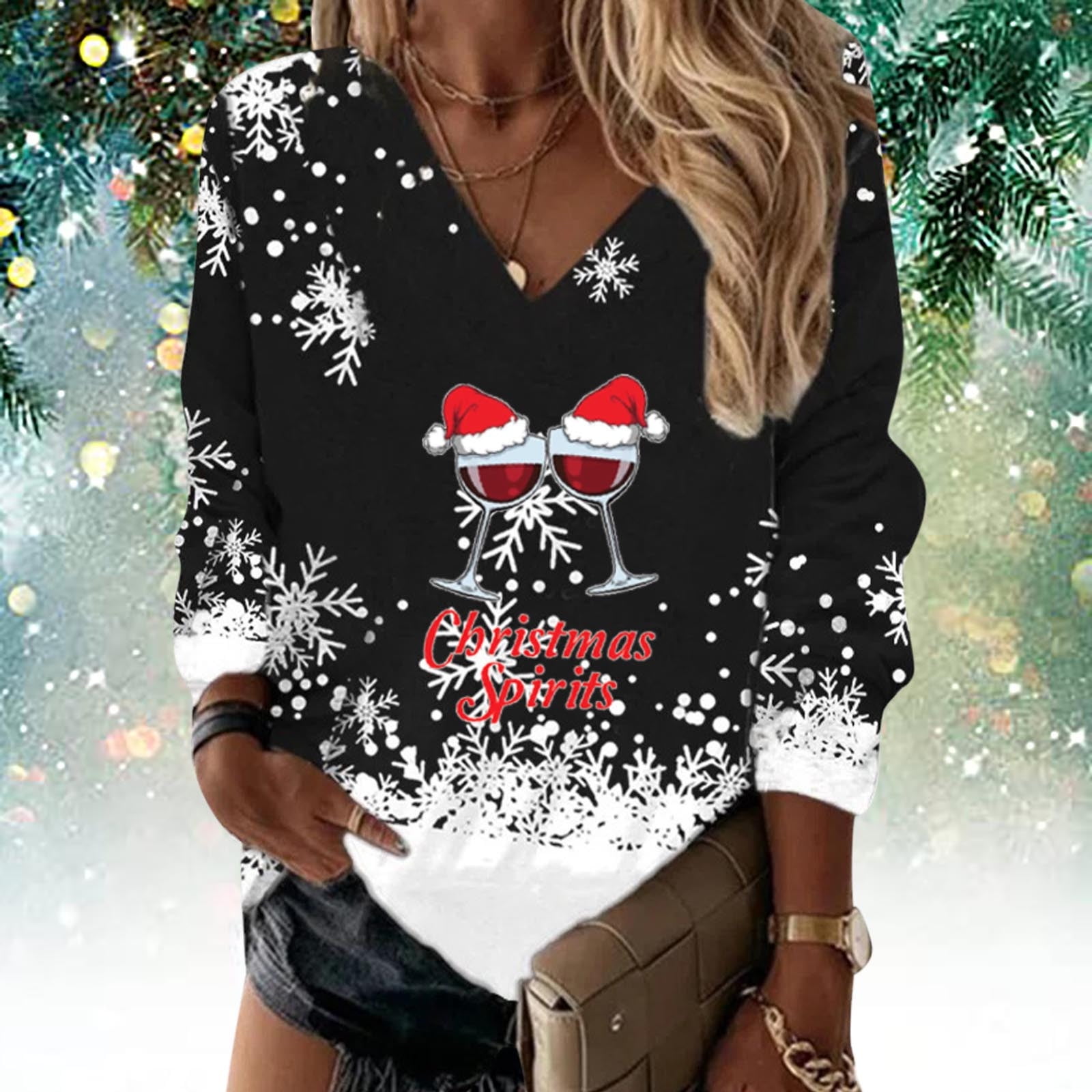 Holiday Tunic Tops for Women V-Neck Long Sleeve Snowflake Shirts Flowy ...
