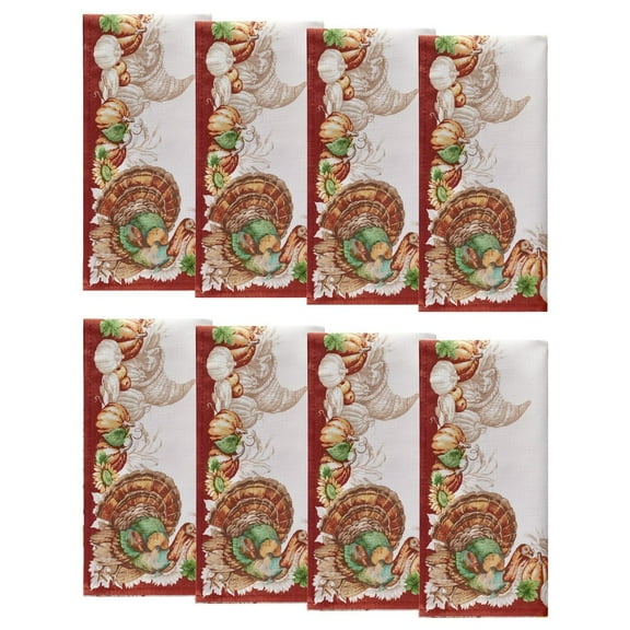 Holiday Turkey Bordered Fall/Thanksgiving Cloth Napkins, Set of 8