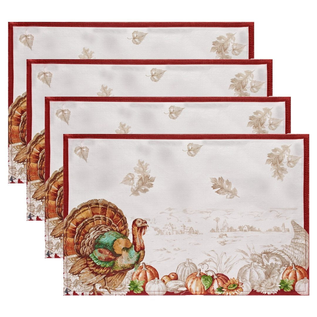 Holiday Turkey Bordered Fall Polyester Placemats, Set of 4