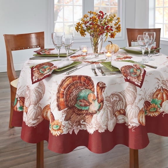 Elrene Home Fashions Holiday Turkey Bordered Fall Tablecloth, Multi, 70" Round