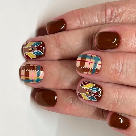 Holiday Turkey Checkered Short Square Lovely Fake Nails ABS Easy To Apply