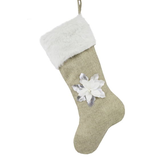 Holiday Unique 3D Poinsettia Christmas Decorative Hanging Stocking with Faux Fur Cuff (Silver+White 8"x19" Stocking)