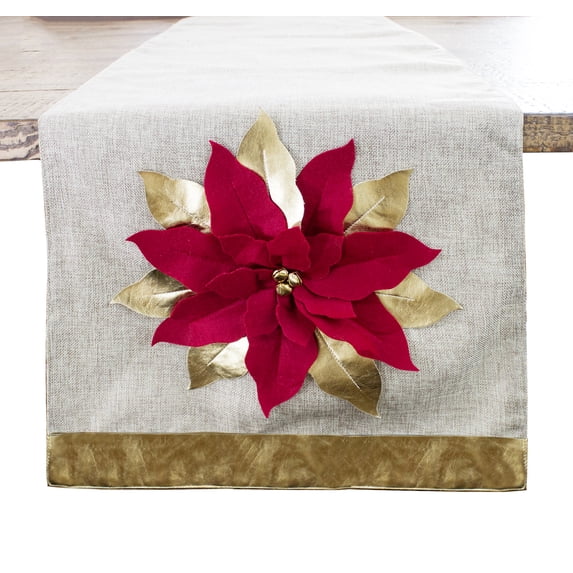Holiday Unique 3D Poinsettia Christmas Decorative Table Runner (Gold+Red 16"x120" Table Runner)