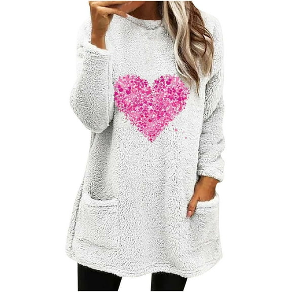 Holiday Usmixi Womens Fleece Sweatshirt Winter Womens Thickened Plush Pullover Sweater Long Sleeve Crewneck Cozy Sherpa Sweatshirt Fashion Heart Print Graphics Pocket Coat Tops Big Saving