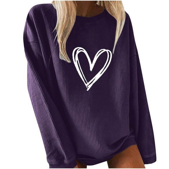 Holiday Usmixi Womens Sweatshirt Winter Womens Crewneck Sweatshirt Valentine's Day Fashion Heart Print Sweater Long Sleeve Loose Cozy Knitted Ribbed Pullover Sweatshirt Tops Big Saving