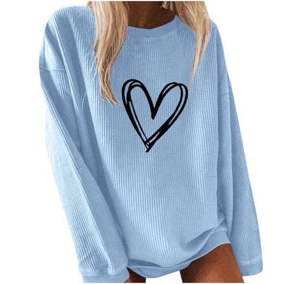 Holiday Usmixi Womens Sweatshirt Winter Womens Crewneck Sweatshirt Valentine's Day Fashion Heart Print Sweater Long Sleeve Loose Cozy Knitted Ribbed Pullover Sweatshirt Tops Big Saving