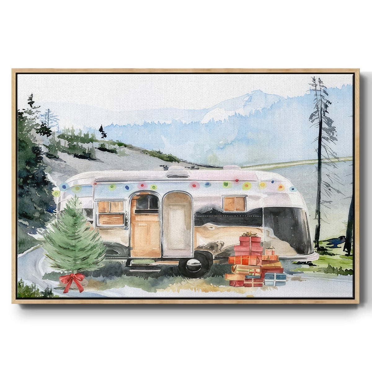 Holiday Vacation I - Framed Gallery Wrapped Holiday Canvas - 27 x 41 - Natural Wood Frame
