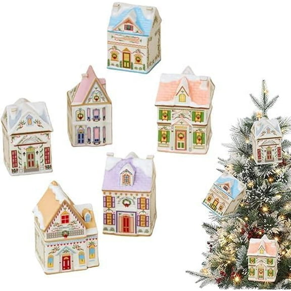 Holiday Village Spice House Set, 6 Mini Christmas Village Houses with Spice Jars, Festive Decor for Kitchen Countertop, Coffee Bar & Home, Holiday Countertop Display Set