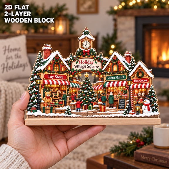Holiday Village Square 2-Layer Wooden Block for Christmas Collector Tabletop Decor