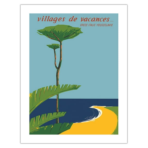 Holiday Villages (Villages de Vacances) - Greece - Italy - Yugoslavia - Vintage Travel Poster by Maurice Thébaud c.1950s - Bamboo Fine Art 290gsm Paper (Unframed) 17x22in