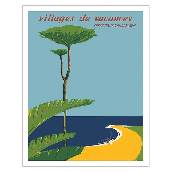 Holiday Villages (Villages de Vacances) - Greece - Italy - Yugoslavia - Vintage Travel Poster by Maurice Thébaud c.1950s - Fine Art Matte Paper Print (Unframed) 11x14in