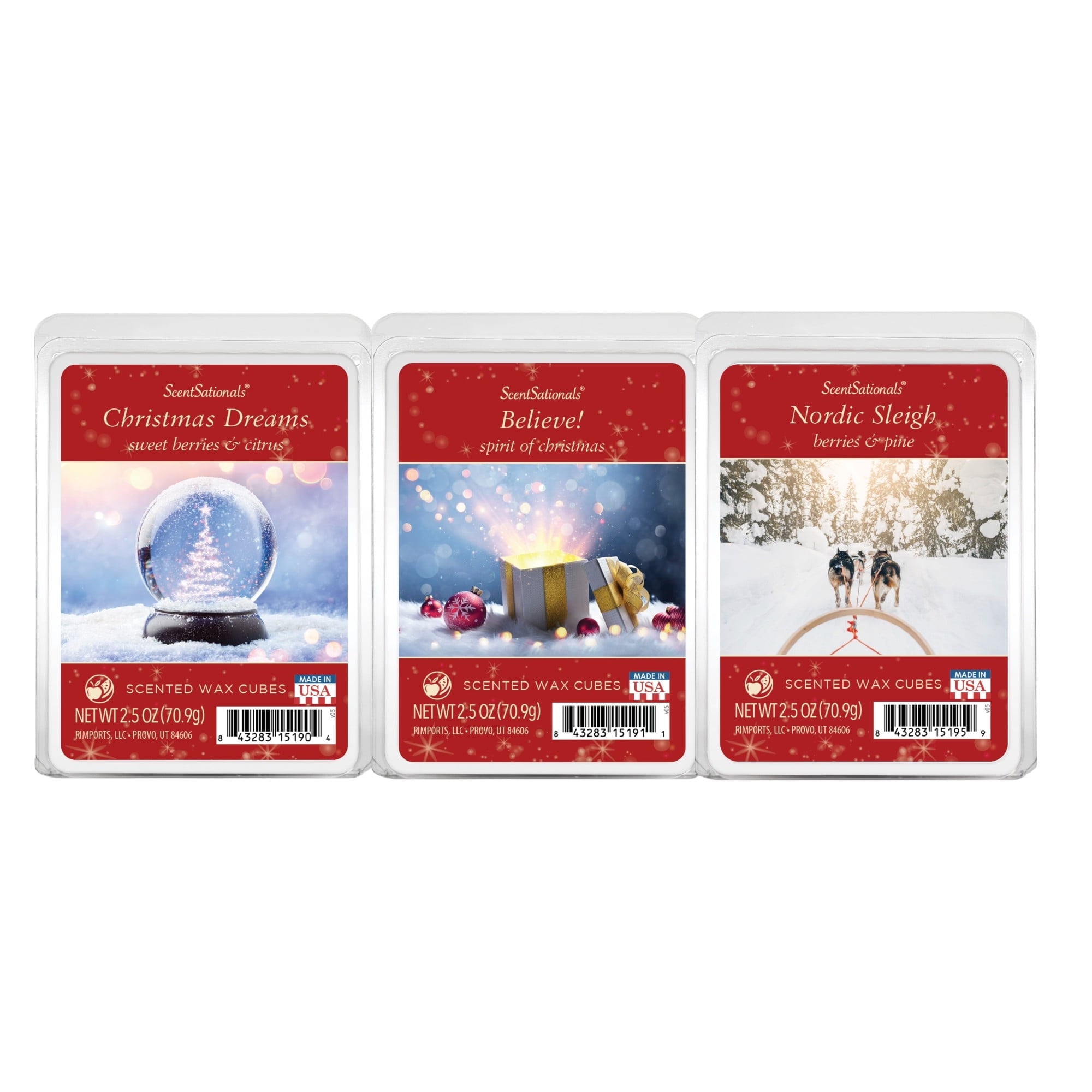Holiday Wax Melt Set – Christmas Dreams, Believe, and Nordic Sleigh Scents, 3 Pack, 2.5 oz Each