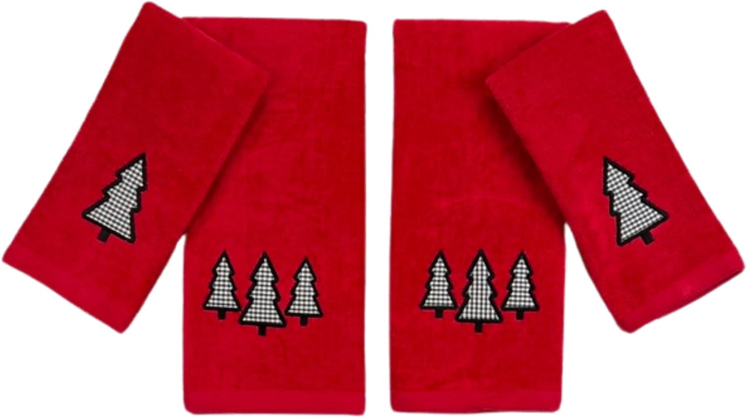 Holiday Winter Christmas Bathroom Guest Hand Fingertip Embroidered Applique Towels 4 Pc Set: Checkered Trees 16 x 25 inches, Gingham Tree Design,12 x 18 inches, Black White on Red, 100% Cotton